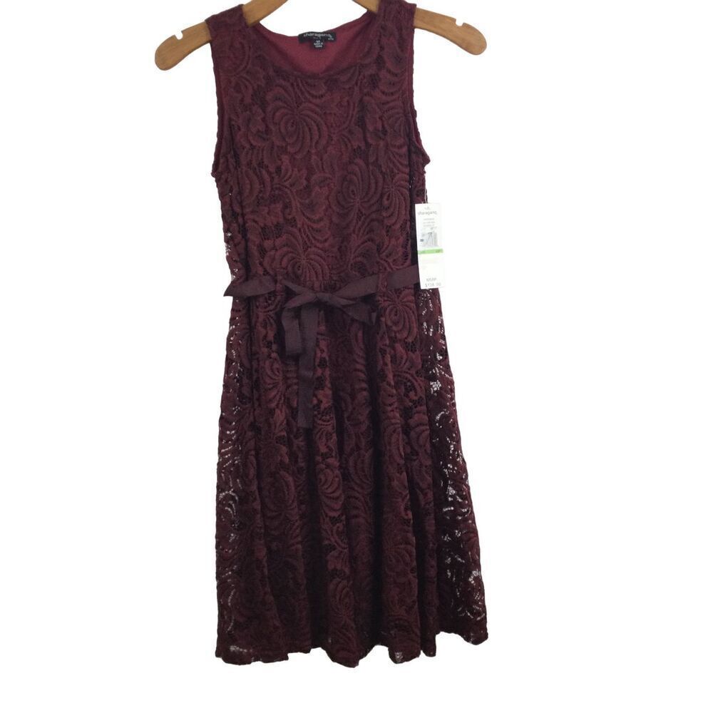 Sharagano Sleeveless Floral Lace Tie Waist Ribbon Sheath Dress Autumn Wine 4P